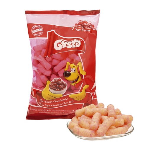 Geëxtrudeerde snack ""Pufuleti"" van maïsgries met zure kers