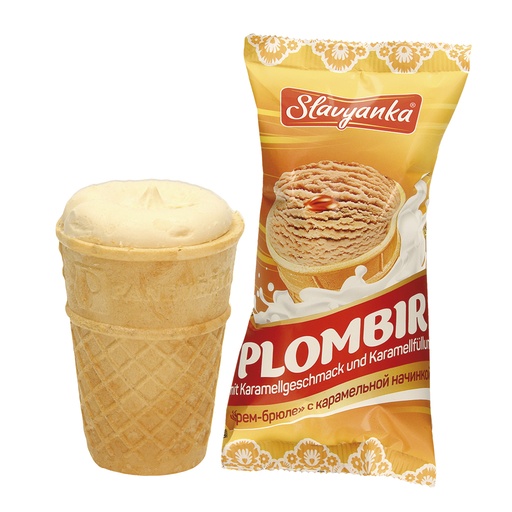 IJs met karamelsmaak en karamelfilling in een wafelkegel.