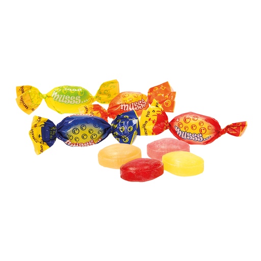 Harde karamellen "Musss owocowy" met citroen-, sinaasappel-,