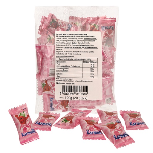 Harde karamellen met aardbeiroom smaak.