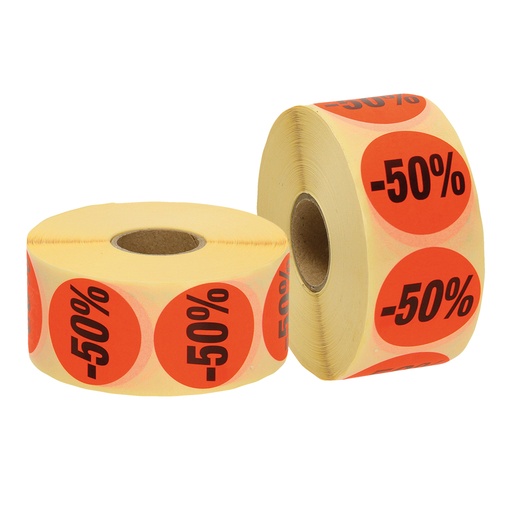 Korting labels 50%, neonrood, 33x33 rond, 1fbg zwart