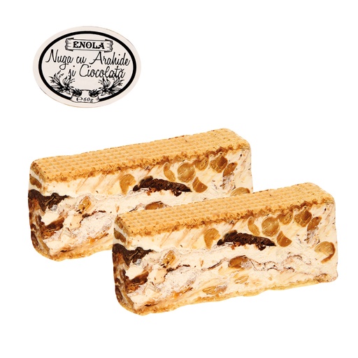 Nougat met gebakken pinda's, chocolade en wafels